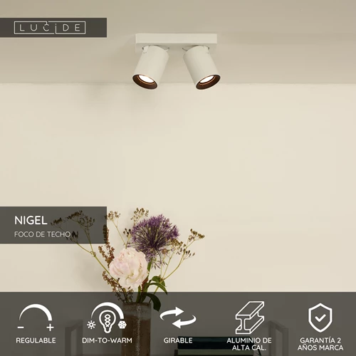 Lucide NIGEL - Foco de techo - LED Dim to warm - GU10 - 2x5W 2200K/3000K - Blanco - USP